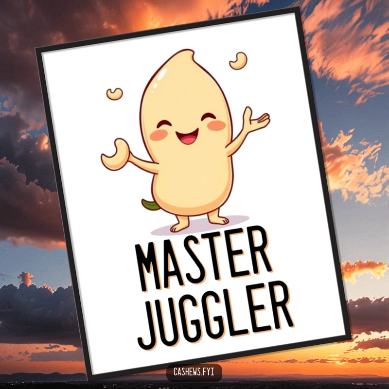 Funny poster art of a smiling cashew character skillfully juggling three small cashew nuts, symbolizing playful talent and delight.