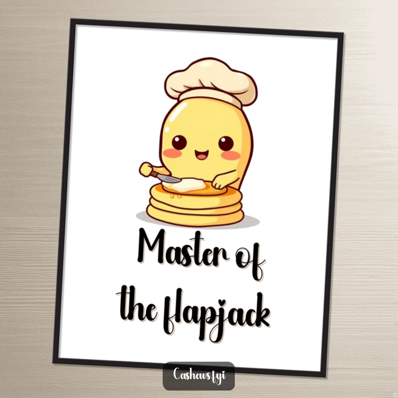 Funny wall poster of a kawaii cashew character in a chef hat, joyfully flipping pancakes with gusto, bringing kitchen humor.