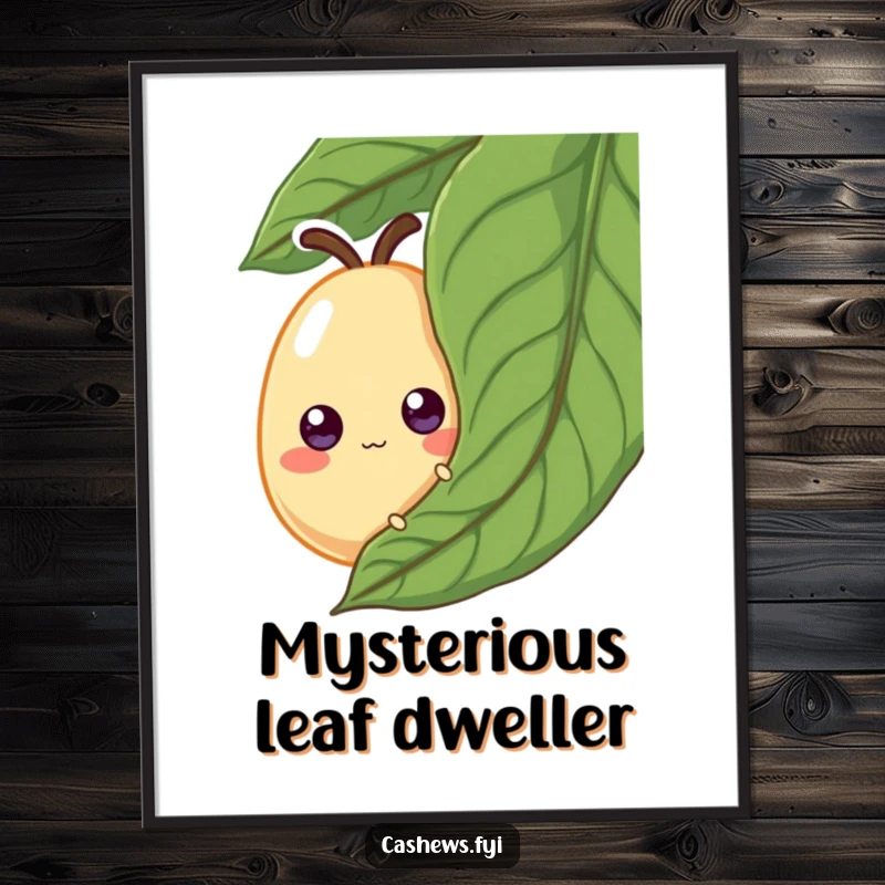 Funny Poster: A cashew with large, rolling googly eyes peeks from behind a giant leaf, creating a humorous and curious visual.