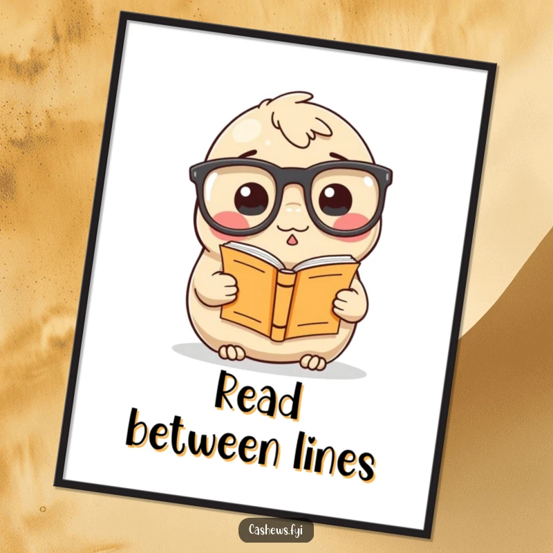 Funny Poster: A cashew sports oversized glasses and reads a tiny book, a humorous piece of art for book lovers.