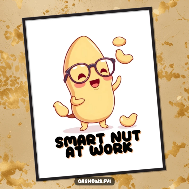 Funny kawaii cashew poster featuring a cute, spectacle-wearing nut juggling tiny cashews, adding a whimsical and humorous touch to any room.