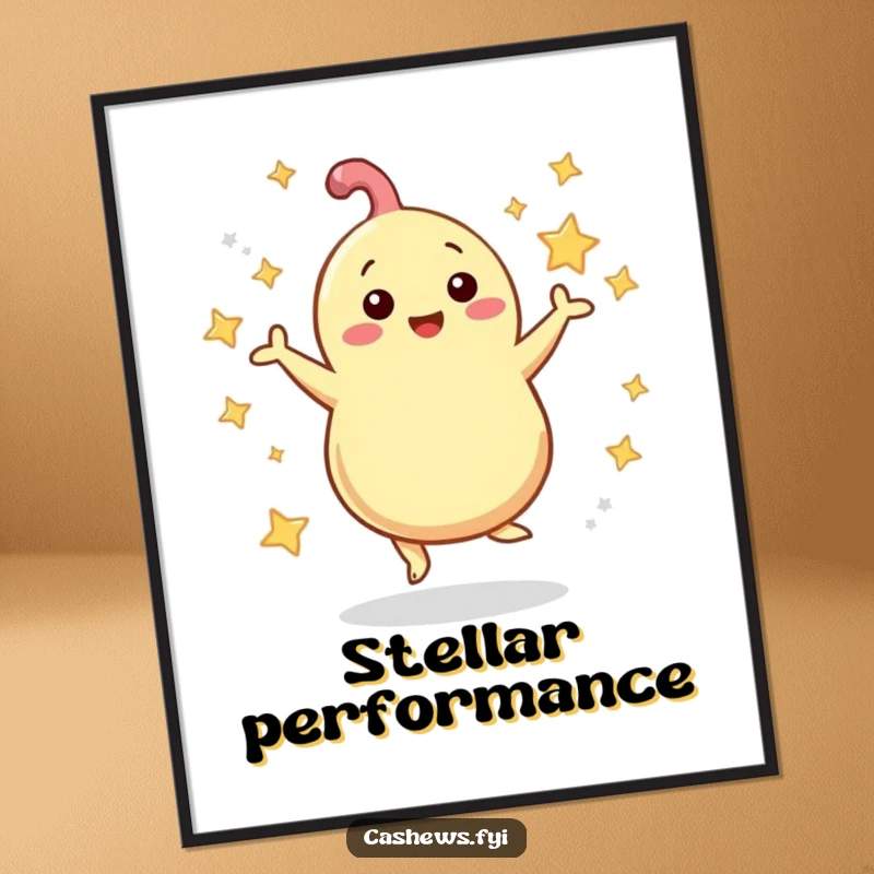 Funny Poster: A cashew dances energetically with shimmering stars swirling around it, creating a lively and celebratory visual.