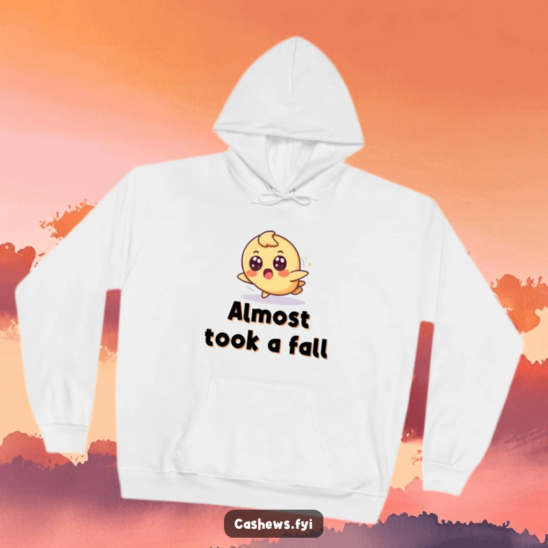 Funny hoodie with a cashew character tripping slightly but landing gracefully with a surprised, wide-eyed look, embodying relatable mishaps.