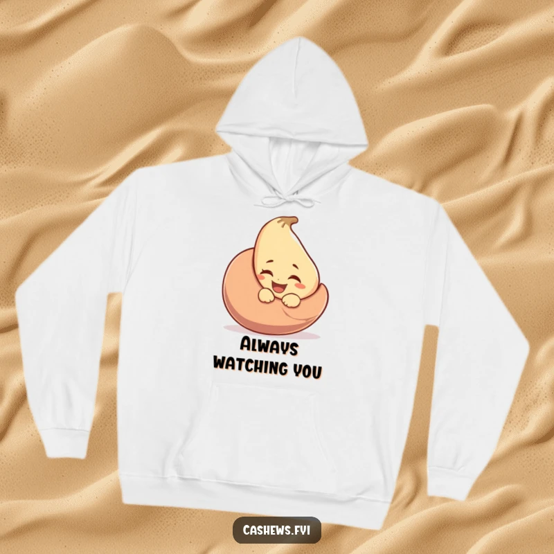 Funny hoodie with a laughing cashew peeking out, winking mischievously from behind a large cashew nut, offering warmth and humor.