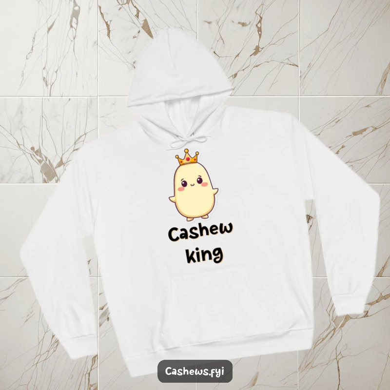 Funny hoodie showing a proud cashew character adorned with a tiny crown, its expression conveying a sense of dignified humor and self-importance.
