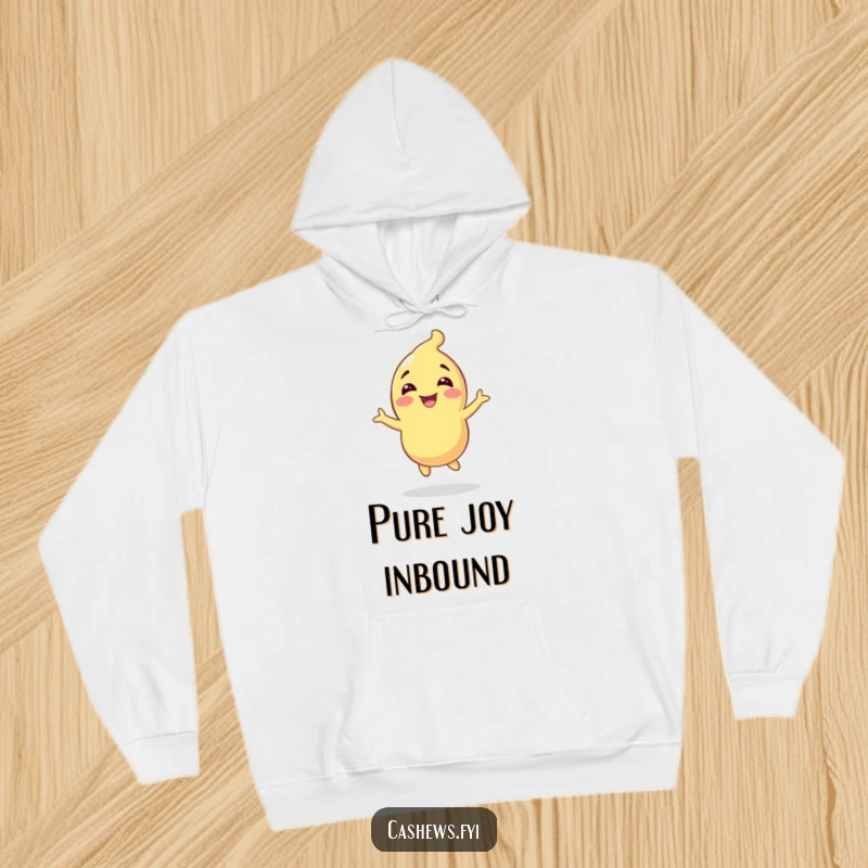 Funny hoodie design of a cashew character energetically bouncing up and down, radiating pure, uncontainable glee and happiness.