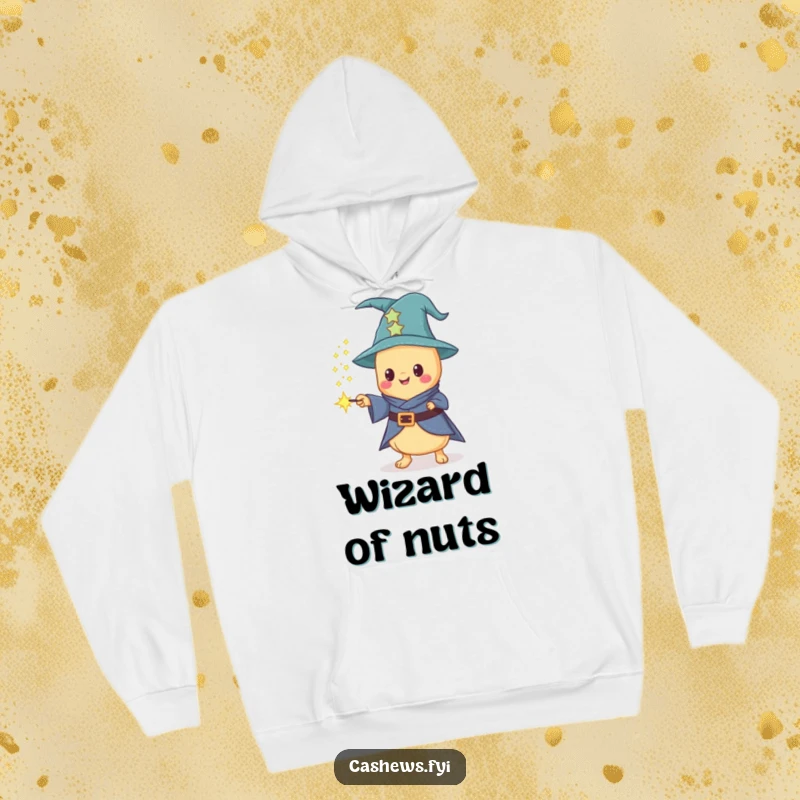 Funny and cozy hoodie featuring a Kawaii cashew wizard casting sparkling dust from a wand, perfect for magical warmth and humor.
