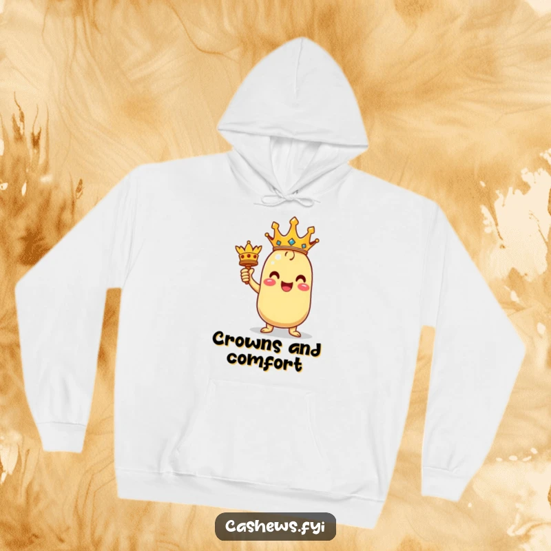 Funny hoodie showing a kawaii cashew character in a triumphant pose, proudly holding a miniature crown, exuding victorious energy.