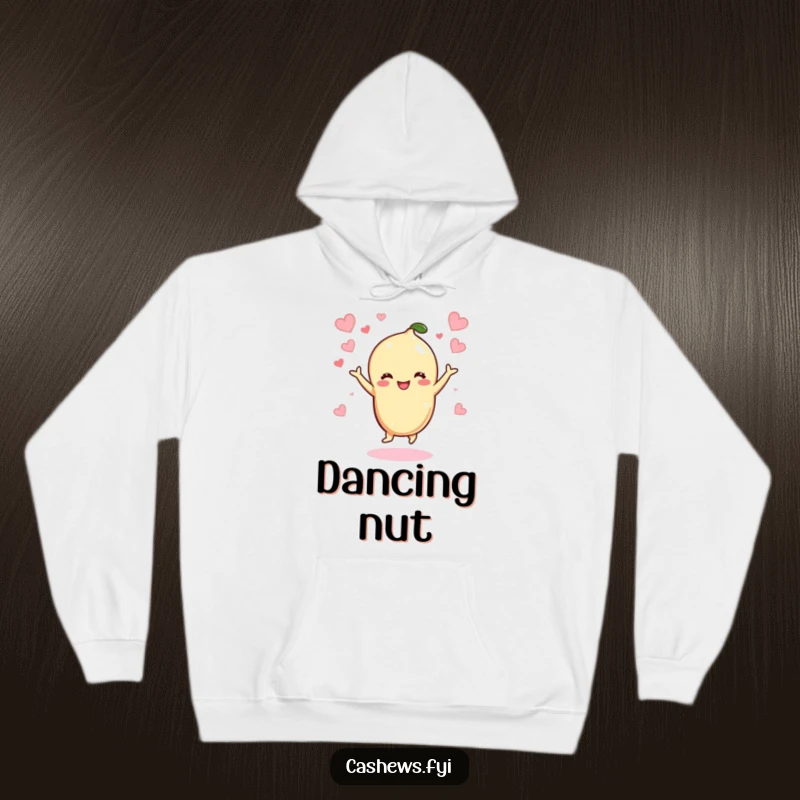 Funny Kawaii Cashew Hoodie: A comfortable sweatshirt with a cashew character dancing enthusiastically amidst a shower of hearts, radiating happiness.