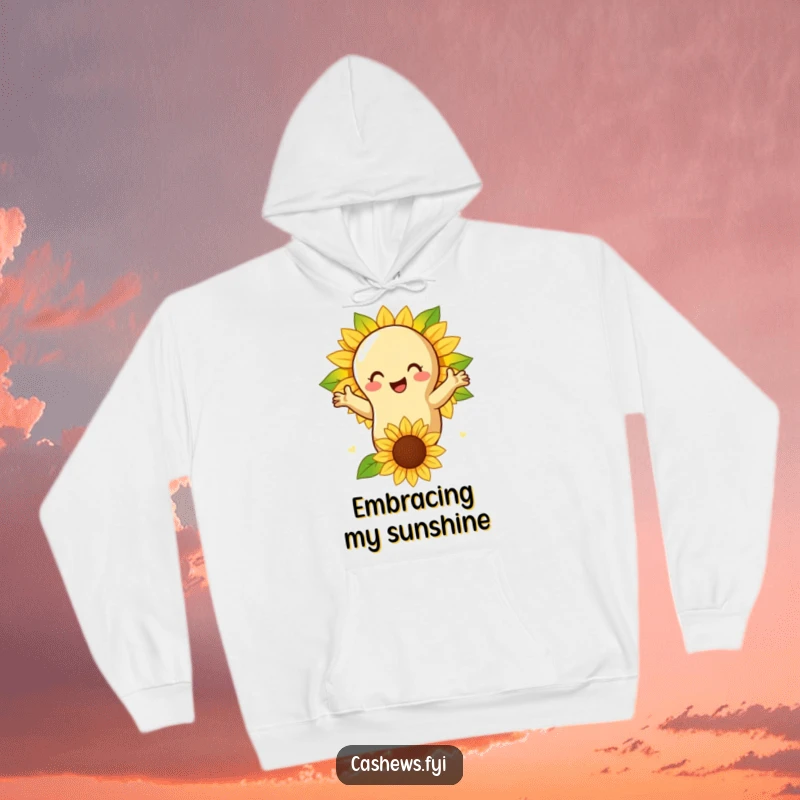 Funny hoodie showcasing a cashew nut giving a warm embrace to a smiling sunflower, symbolizing nature's gentle beauty.