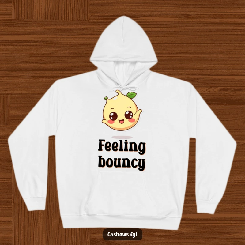 Funny cashew hoodie featuring a cheerful cashew character performing a delightful somersault, perfect for staying warm.