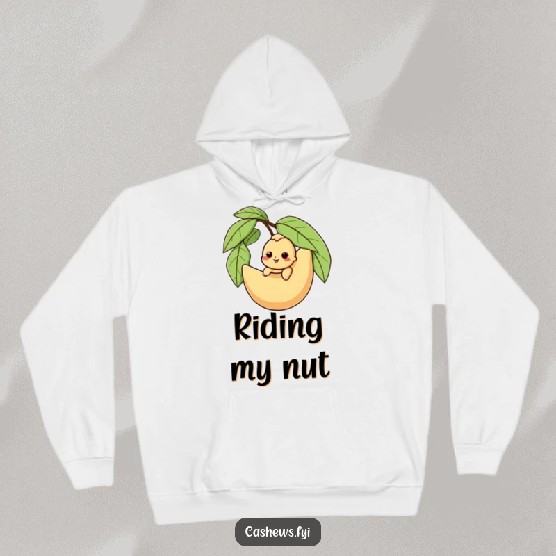 Funny cashew hoodie depicting a character happily riding a giant husk, offering warmth and a dose of nutty adventure comedy.