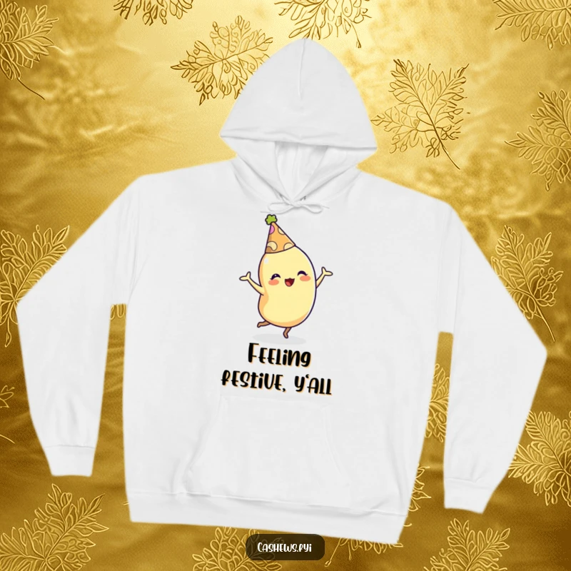 Funny hoodie featuring a cashew character in a party hat dancing enthusiastically, offering warmth and festive cheer.