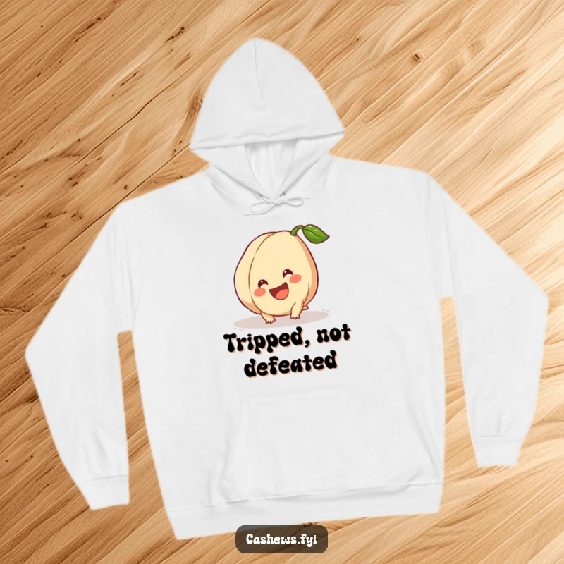 Funny Hoodie: A cashew trips but smiles broadly, a soft and humorous sweatshirt celebrating perseverance and a positive outlook.