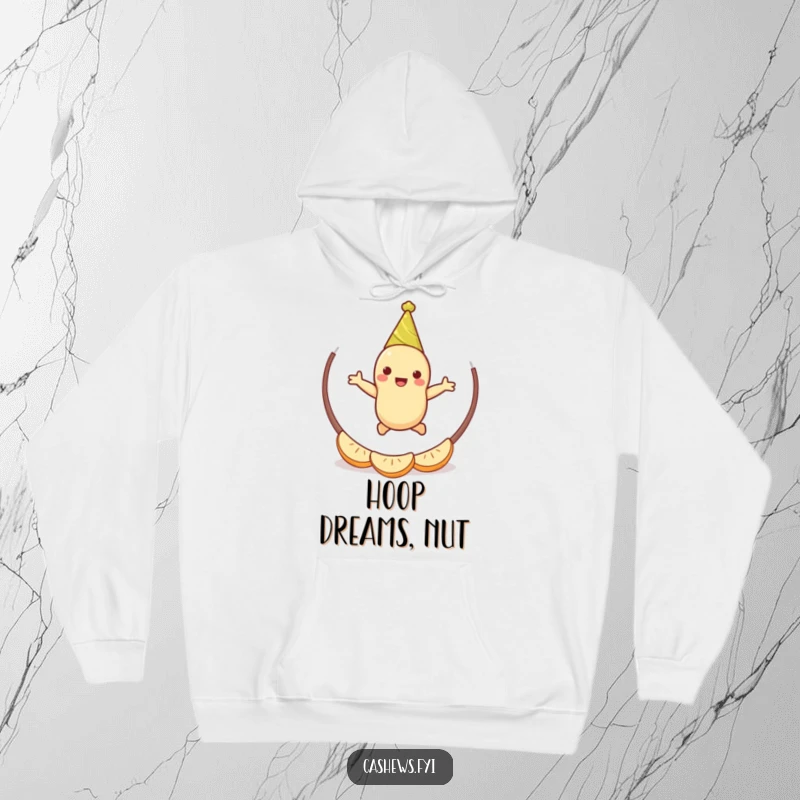 Funny cashew party hoodie featuring a cheerful cashew character, sporting a party hat and dynamically jumping through a cashew half hoop.