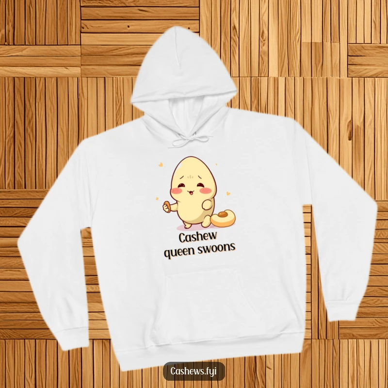Funny cashew hoodie showing a character dramatically swooning over a snack, offering warmth and a dose of nutty comedy.