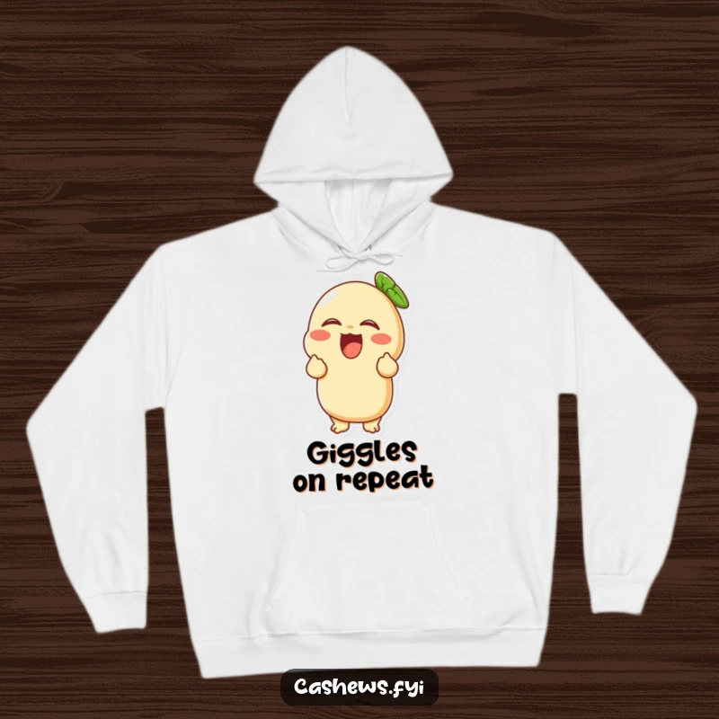 Funny hoodie featuring a cashew character caught in a fit of uncontrollable giggles, radiating pure joy and amusement.