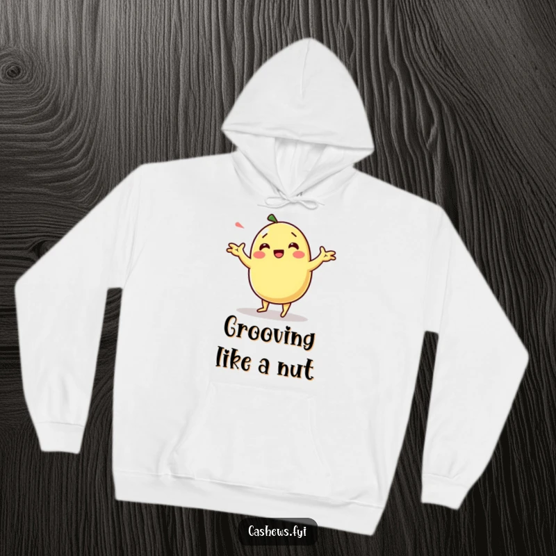 Funny kawaii cashew doing a silly dance with exaggerated arm movements on a hoodie.