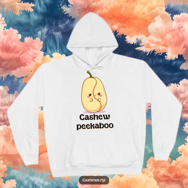Funny kawaii cashew hoodie showing a cute character peeking with a grin, offering warmth and adorable nutty comedy.