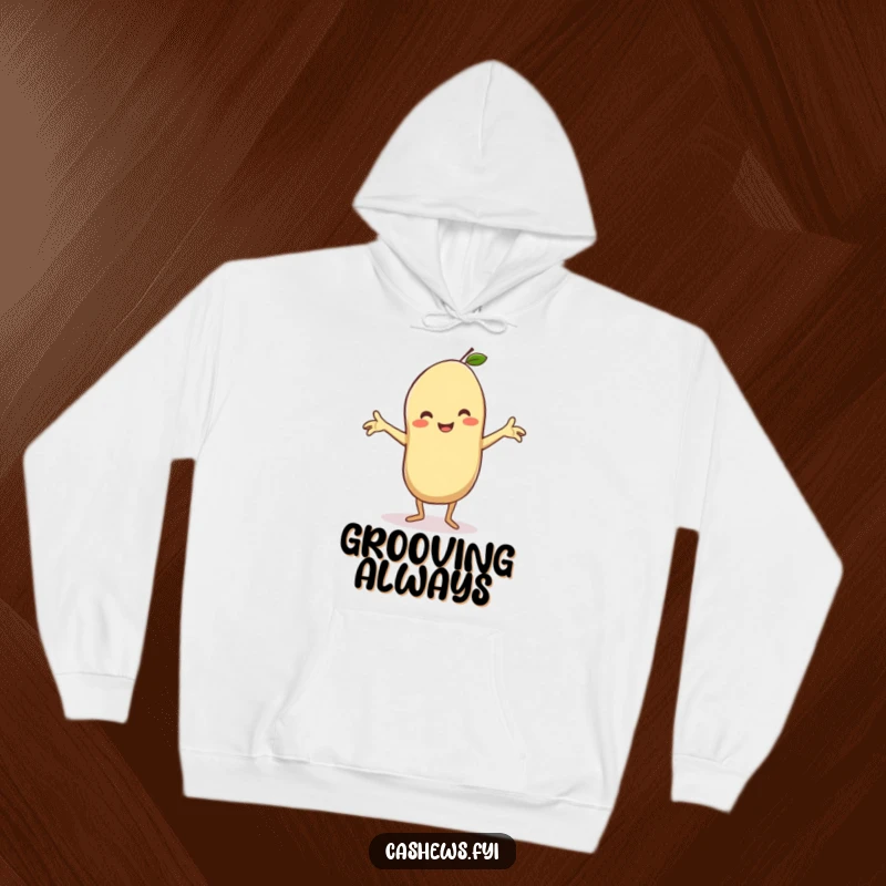 Funny hoodie featuring a kawaii cashew engaged in a silly dance with arms spread wide, beaming with infectious happiness.