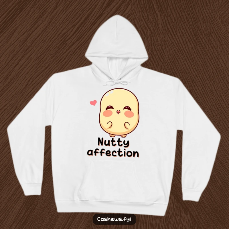 Funny Kawaii Cashew Hoodie: A sweet cashew character with bright rosy cheeks puckering up for a kiss, wonderfully humorous apparel.