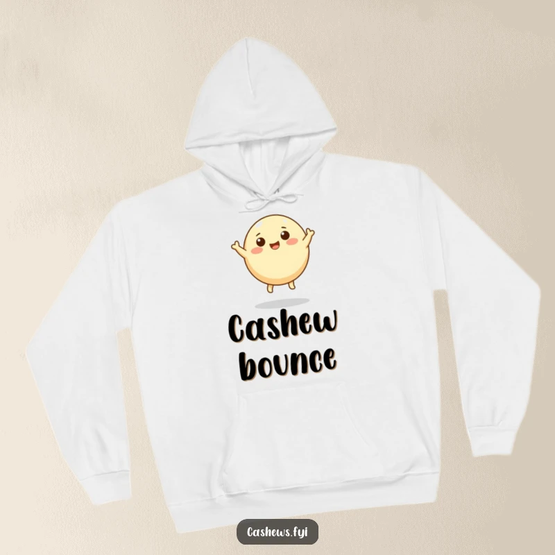 Funny hoodie illustration of a round cashew character with tiny legs leaping joyfully skyward, perfect for cozy motivation.