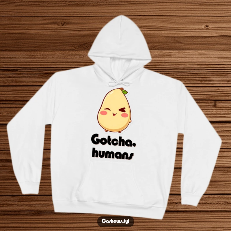 Funny hoodie featuring a kawaii cashew character with a mischievous wink and blush, perfect for cozy and playfully humorous wear.