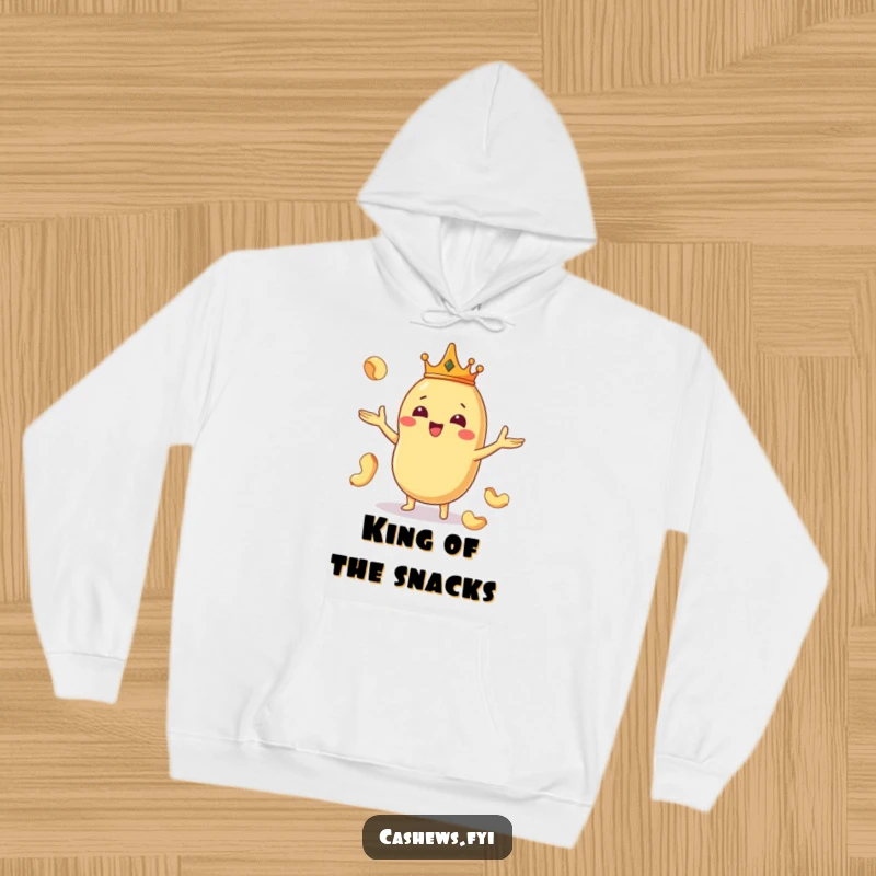 Funny and cozy hoodie featuring a Kawaii cashew king in a crown, juggling nuts with a delightful expression.