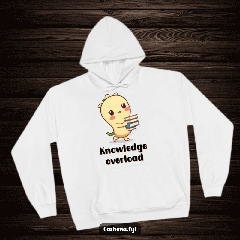 Funny hoodie featuring a kawaii cashew character in a moment of tripping while carrying a large stack of books, exuding relatable humor.