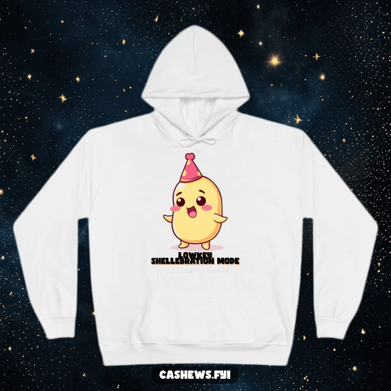 Funny hoodie displaying a thrilled cashew nut sporting a tiny party hat, radiating pure happiness and festive spirit.