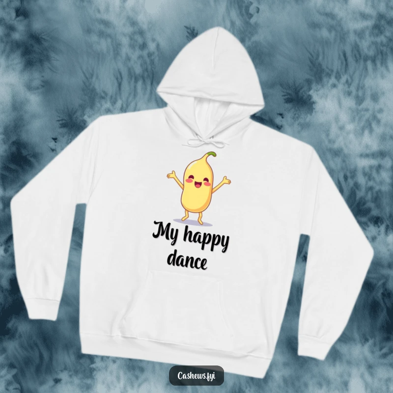 Funny and cozy hoodie featuring a Kawaii cashew doing a silly dance with limbs flailing joyfully, perfect for warm and humorous comfort.