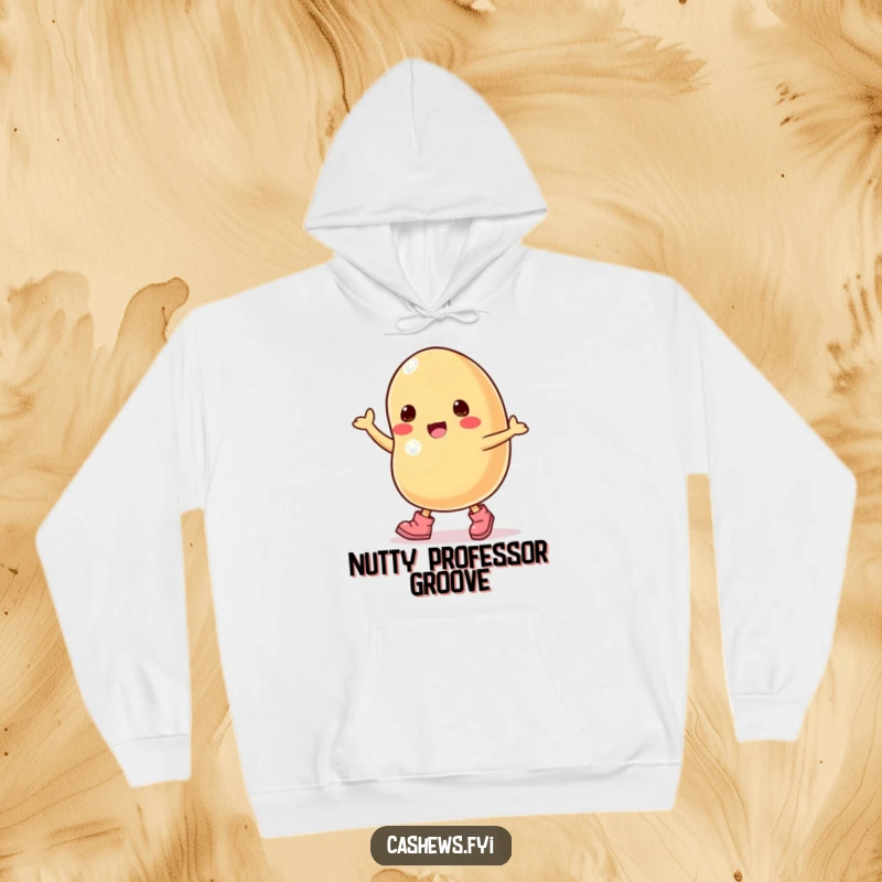 Funny hoodie showcasing a cartoon cashew nut in tiny boots, joyfully dancing with energetic flair.