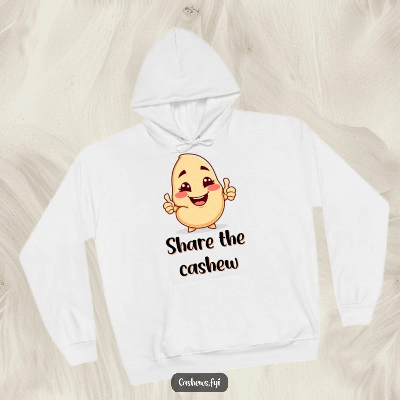 Funny hoodie featuring a cashew character with a cheeky grin, winking and offering a cashew nut, radiating warmth and generosity.