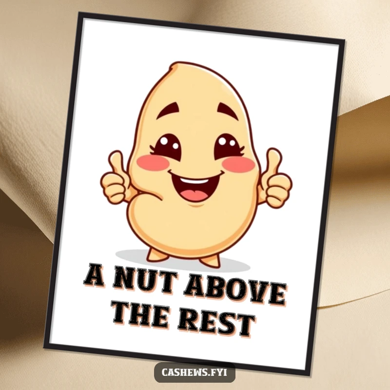 Funny free printable wall art of a cashew with a cheeky grin, offering a nut while winking and giving a thumbs-up.