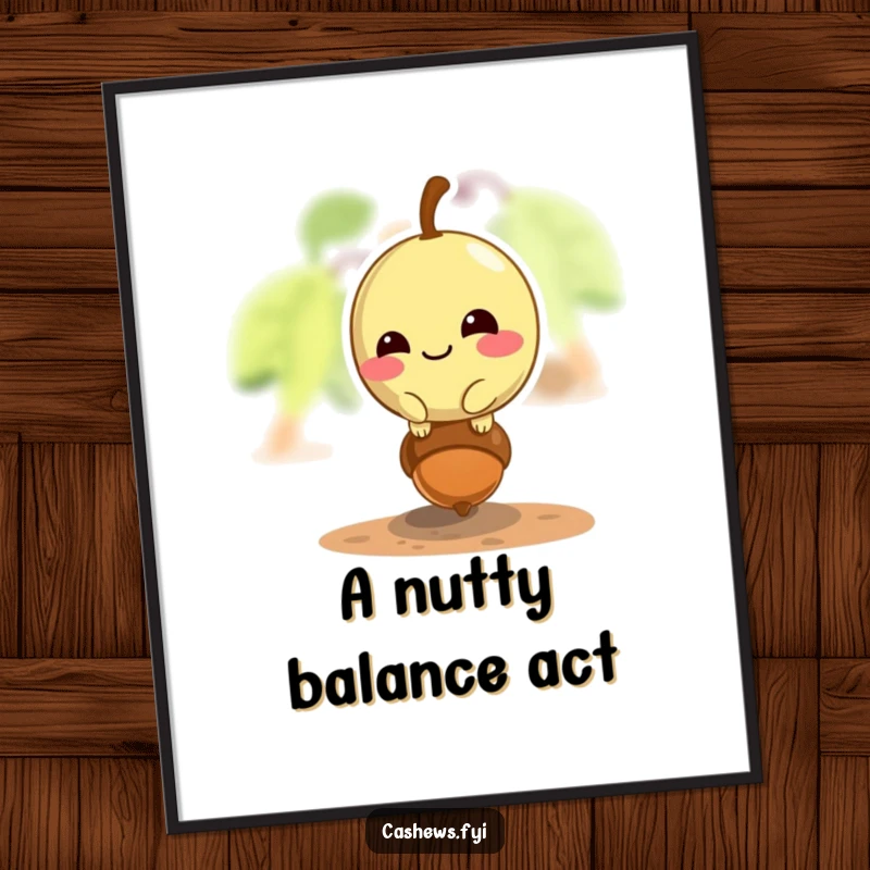 Funny free printable wall art: a cashew with a mischievous grin balances expertly on a tiny acorn.