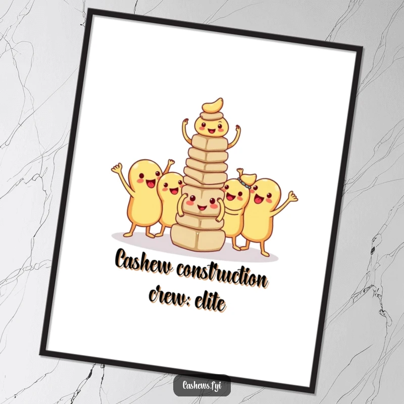 Funny Free Printable Wall Art: Kawaii cashews striking a proud pose after building a small tower, celebrating success.