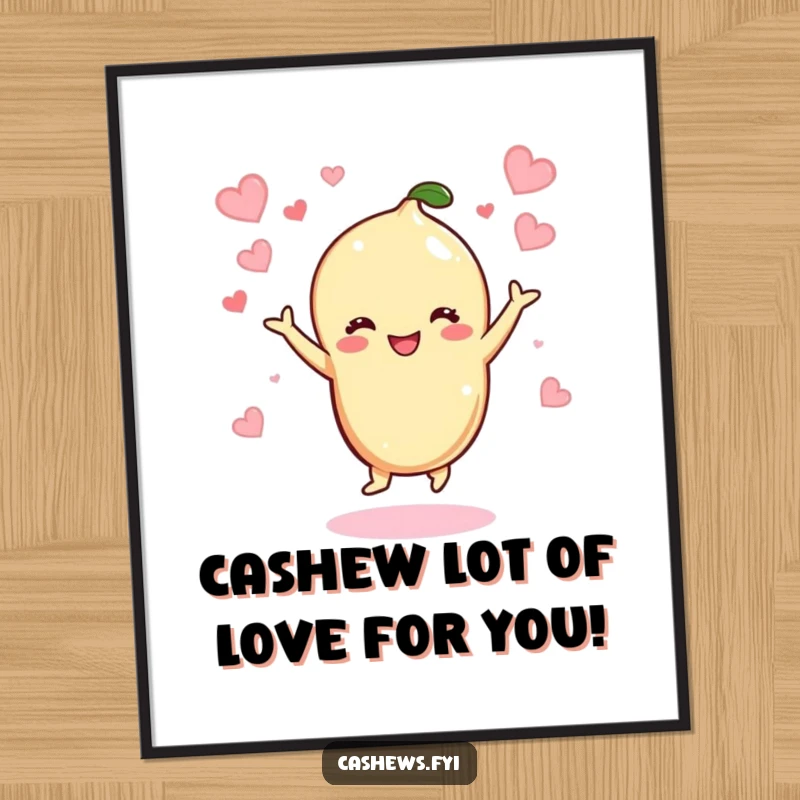 Funny free printable wall art of a kawaii cashew character dancing happily surrounded by floating hearts.