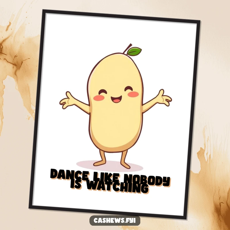 Funny Free Printable Wall Art: A beaming kawaii cashew shows off a hilarious, energetic dance with arms spread wide.