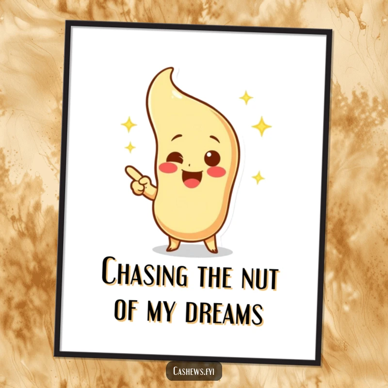 Funny free printable wall art of a cashew character excitedly pointing at a sparkling, visualized cashew.