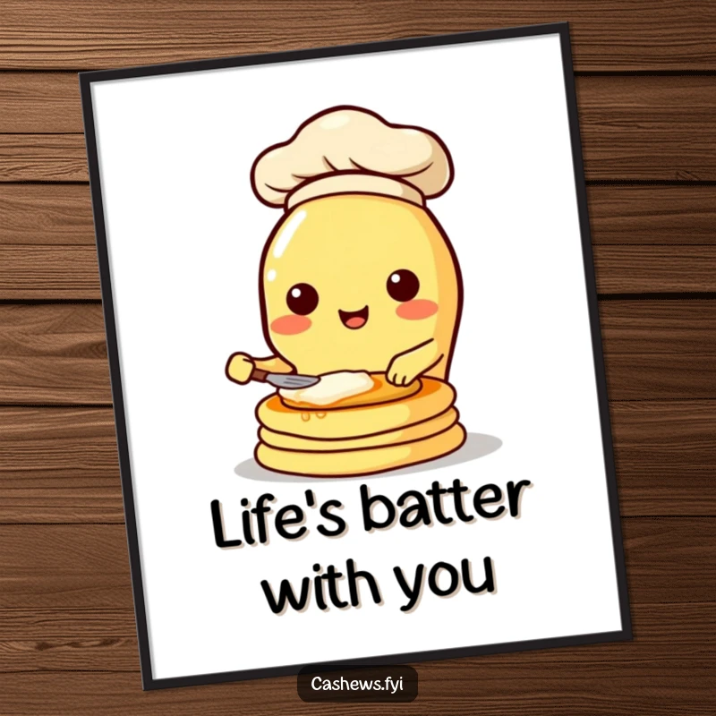 Funny Free Printable Wall Art: Kawaii cashew chef enthusiastically flips pancakes wearing a tiny chef hat.