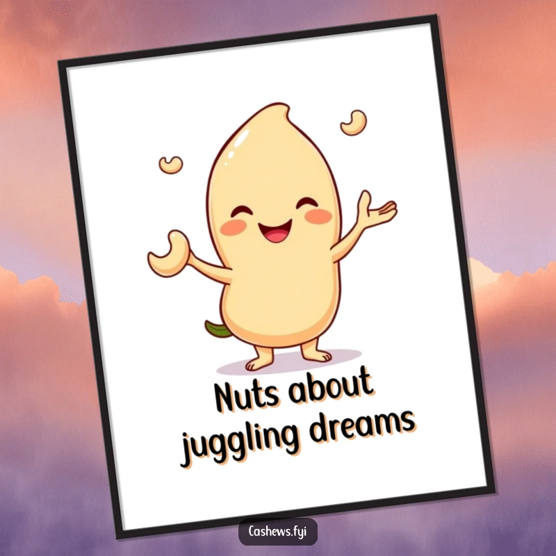 Funny Free Printable Wall Art: A smiling cashew character skillfully juggles three tiny nuts, adding playful humor to decor.
