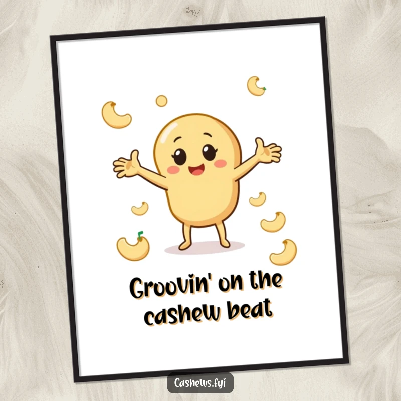 Funny free printable wall art: a cashew character does a joyful, playful dance with arms outstretched, surrounded by cashew shapes.