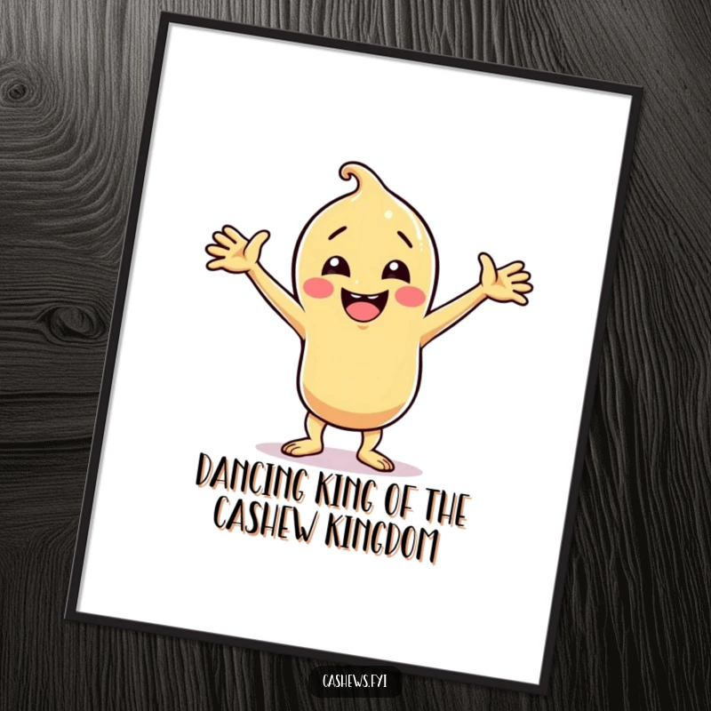 Funny Free Printable Wall Art showing a cashew character in an energetic, silly dance pose with arms flung wide, radiating pure fun.