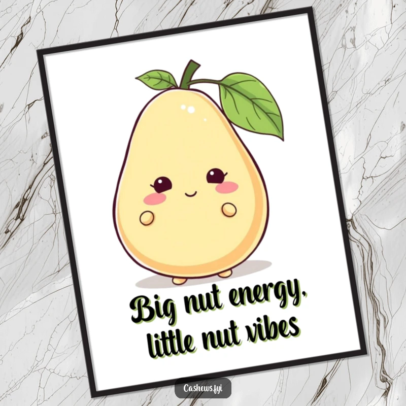 Funny Free Printable Wall Art of a shy cashew character peeking from behind a giant, smiling cashew, adding a touch of playful mystery.