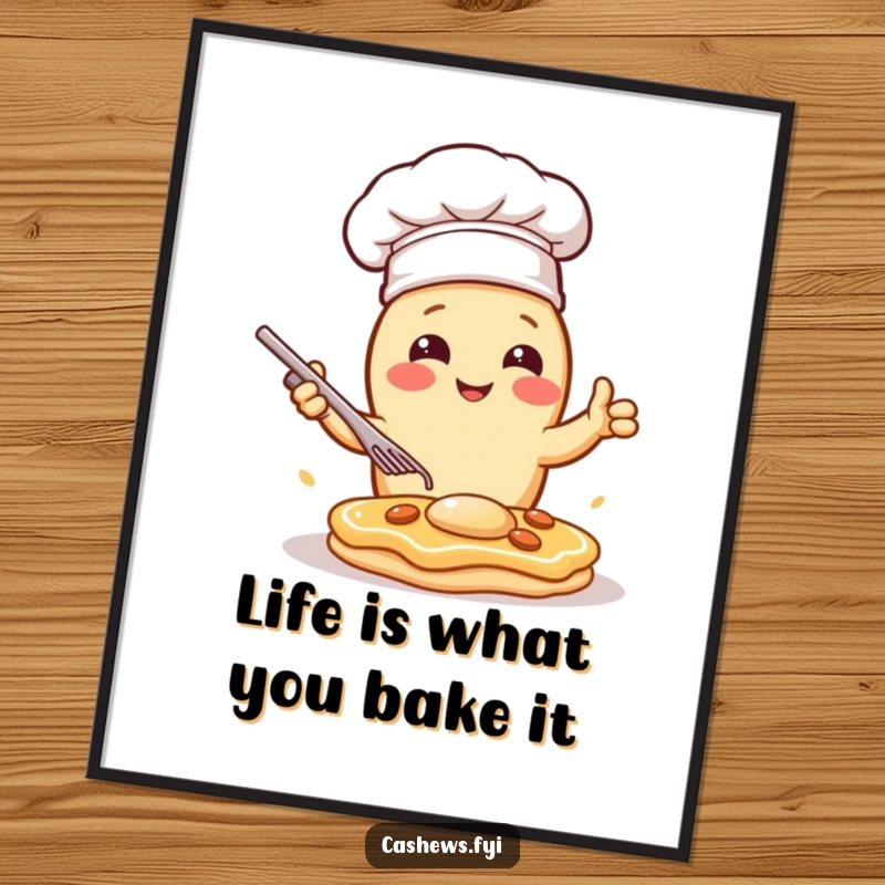 Funny Free Printable Wall Art: A kawaii cashew chef in a hat flips a nutty pancake with dramatic showmanship.