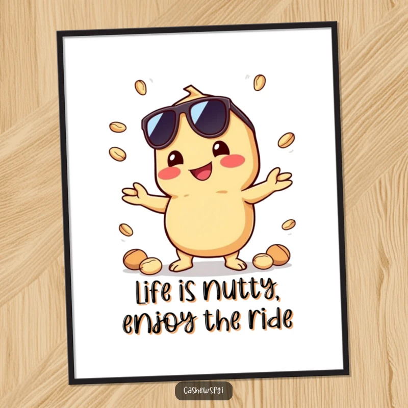 Funny Free Printable Wall Art: A kawaii cashew sporting sunglasses skillfully juggles small nuts, radiating cool.