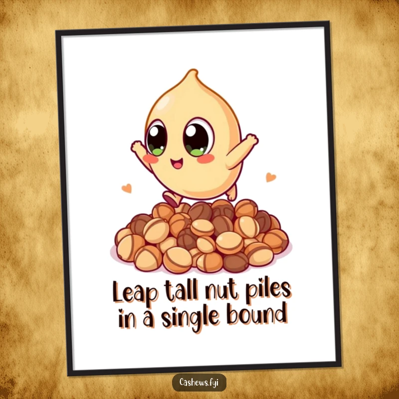 Funny Free Printable Wall Art: A kawaii cashew with enormous eyes triumphantly leaps over a pile of nuts.