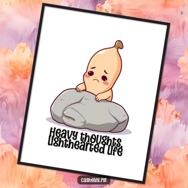 Funny free printable wall art: a cashew with a grimace attempts to lift a giant pebble, motivational humor.