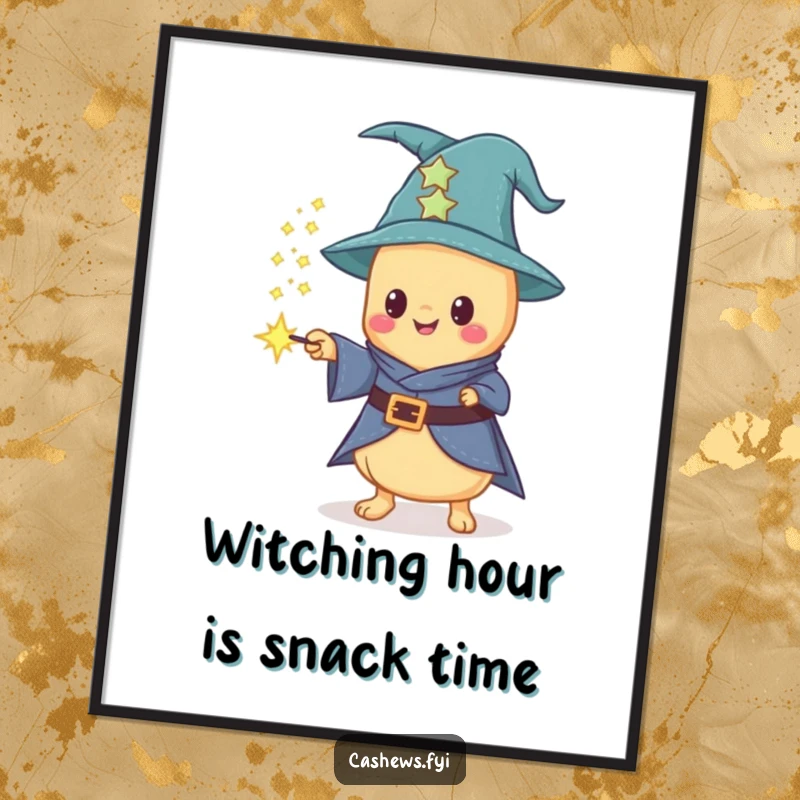 Funny Free Printable Wall Art: Kawaii cashew wizard conjuring sparkling dust from a wand, magical and whimsical DIY downloadable.