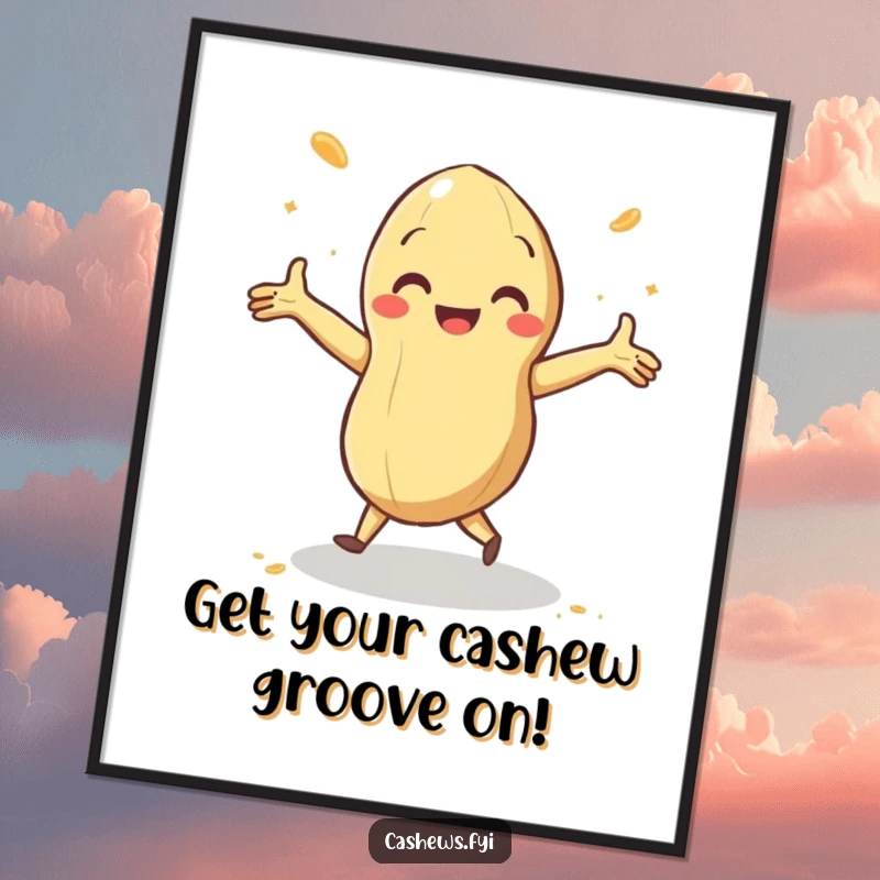 Funny Free Printable Wall Art: A cashew does a happy jig with arms outstretched, surrounded by a swirl of dust.